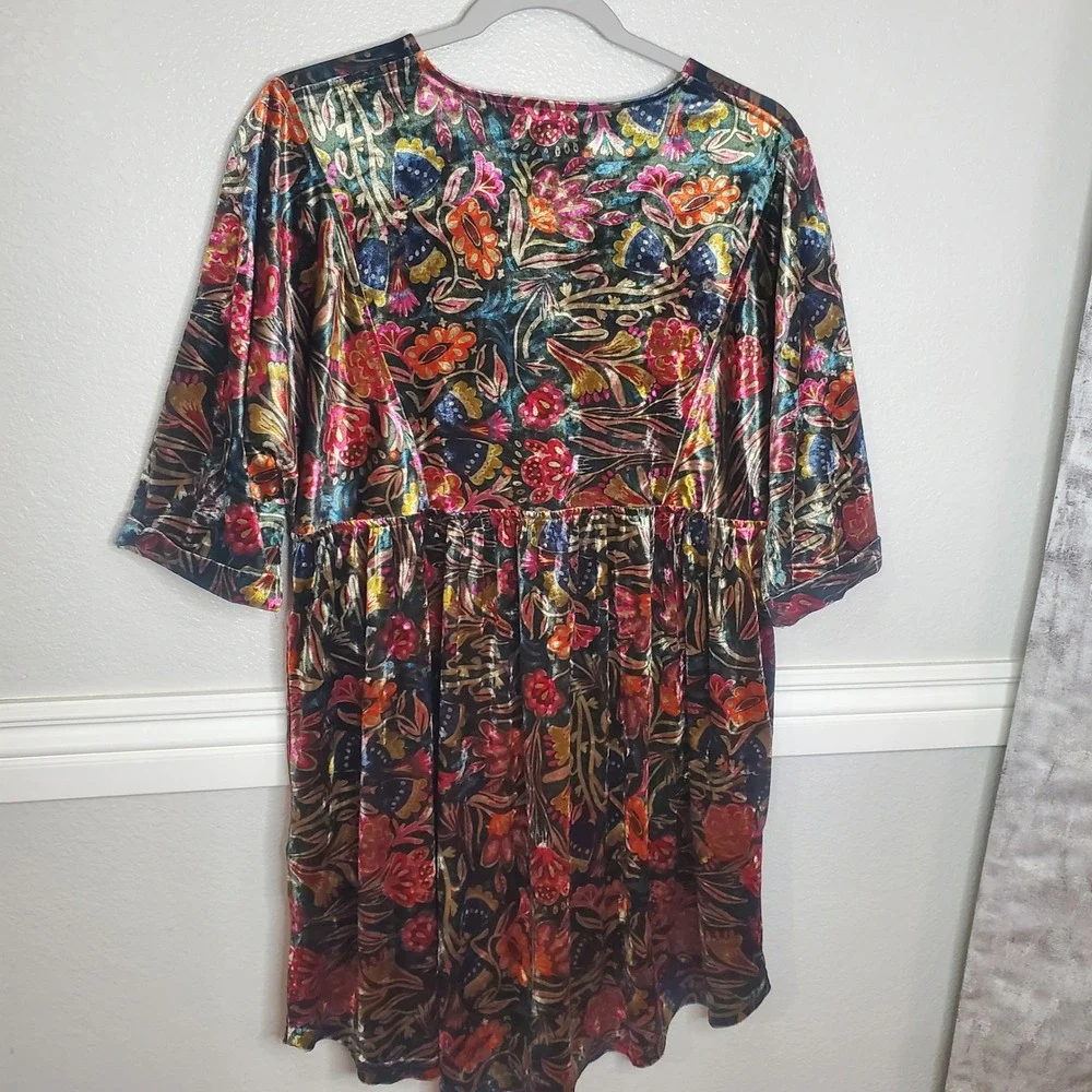 Natural Life Velvet Floral V-Neck Mini Dress Multi-Color Boho Bell Sleeve Small - Picture 4 of 10